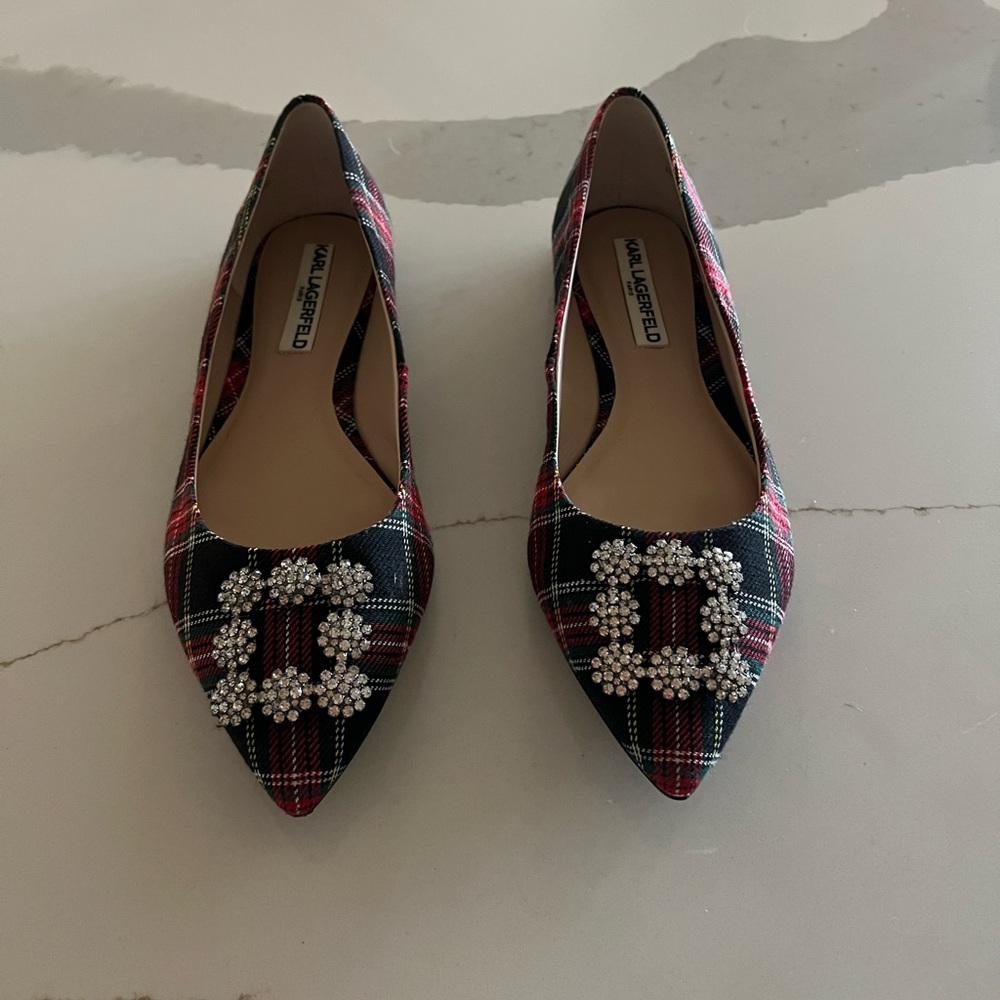 Karl Lagerfeld Black and Red Plaid Heels with Embellishments